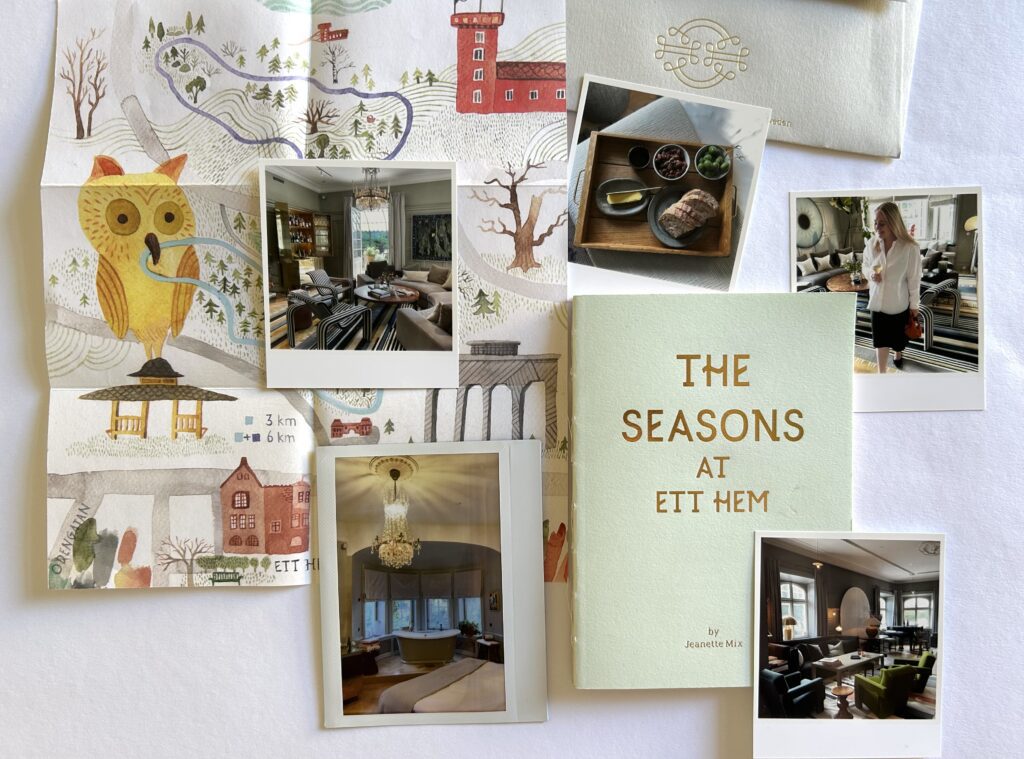 En collage av bilder, kart og en bok med tittelen "The Seasons at Ett Hem".