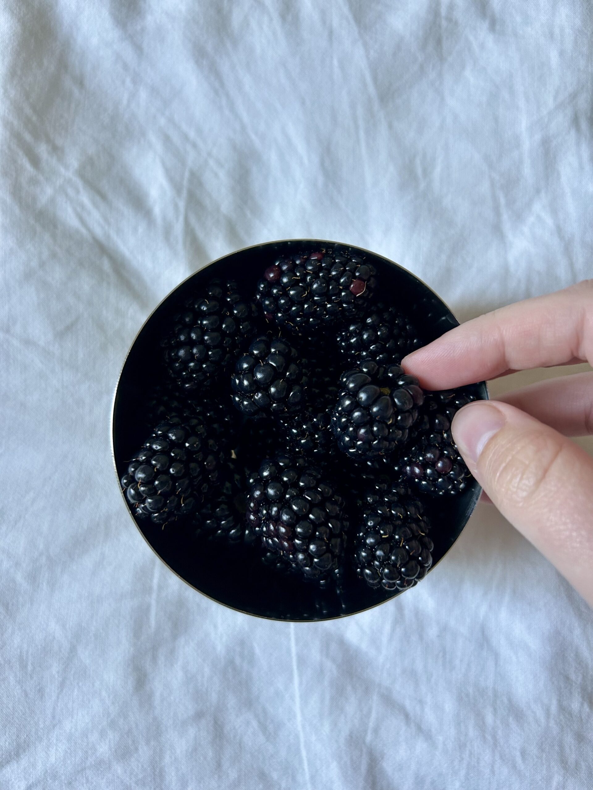 Wellness i vinter. En skål med friske bjørnebær, en hånd plukker en av bærene.
