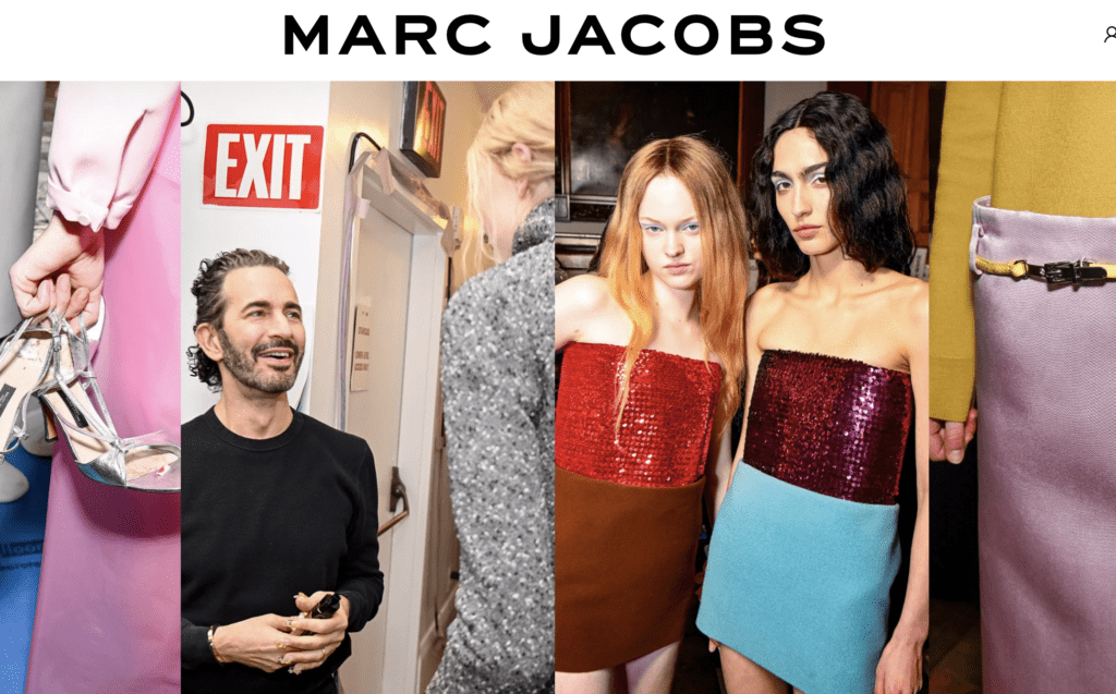 Personer bak scenen hos Marc Jacobs-moteshow, iført fargerike antrekk og sko.